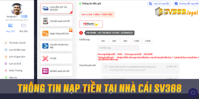 Nạp Tiền Sv368 - Tổng Hợp Cách Nạp Tiền Nhanh Chóng Nhất 1 Thông tin nạp tiền nhà cái sv368